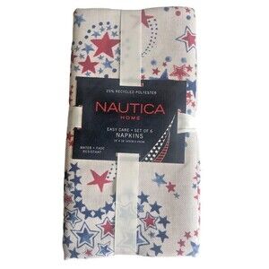 Nautica July 4th Fabric Cloth Napkins Set of 6 White with Red Blue Stars 18x18